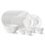Larah by Borosil Ingot Fluted Series Opalware Dinner Set | 36 Pieces for Family of 8
