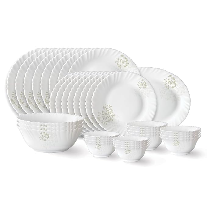 Larah by Borosil Ingot Fluted Series Opalware Dinner Set | 36 Pieces for Family of