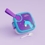 Stainless Steel Lunch Box with Spoon, Leak-Proof Kids Tiffin Box, Durable Eco-Friendly School Lunch Container for Boys & Girls | LUNCHMATE Mini But Mighty Cool (500 ML – Purple & Blue)