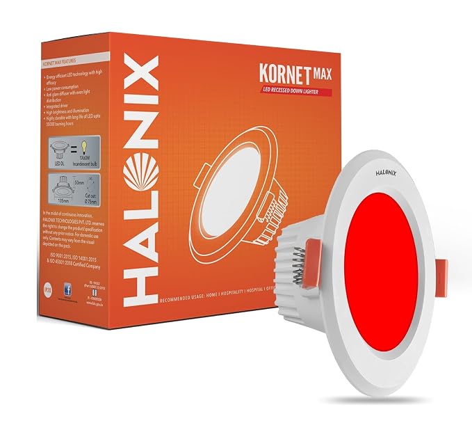 Halonix Polycarbonate 5.5W Red Kornet Junction Box led Downlighter|Cut Out 3 inch, Dia 4.13, Height 1.96 inch||Downlighter for Home, Shop and Office|Pack of 1, Red.
