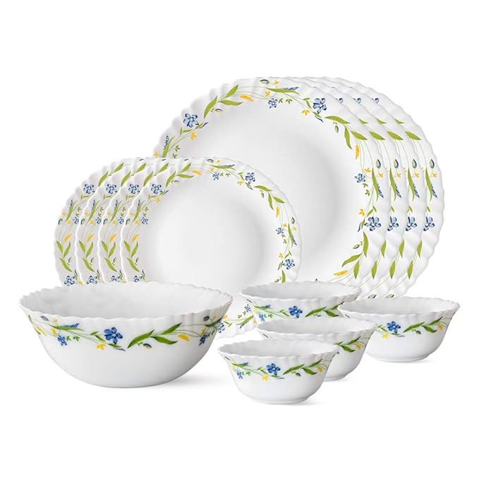 Larah by Borosil Cripper Opalware Dinner Set, 13 Pieces, White