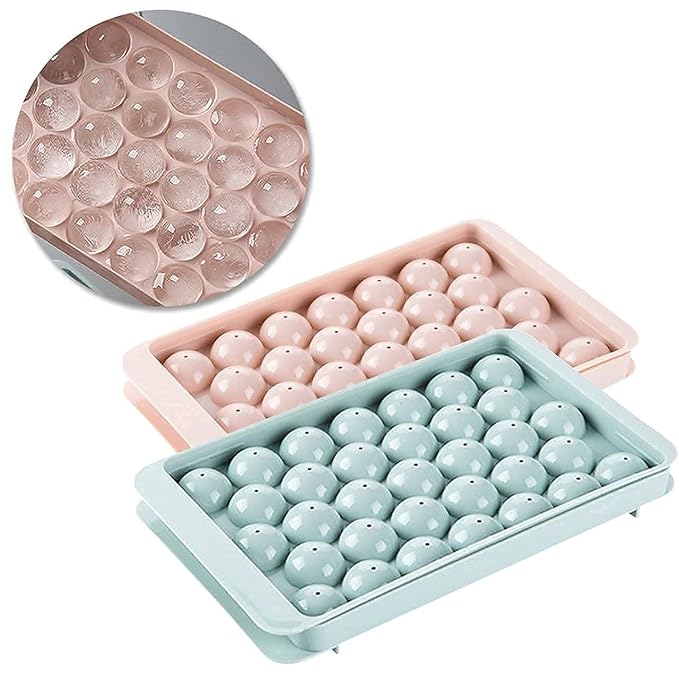 Clazkit Plastic Mini Round Ice Cube Tray with Lid Ball Maker Pack of 2, Blue,Pink