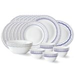 Larah by Borosil Jazzblue Fluted Series Opalware Dinner Set | 27 Pieces for Family of 6 White