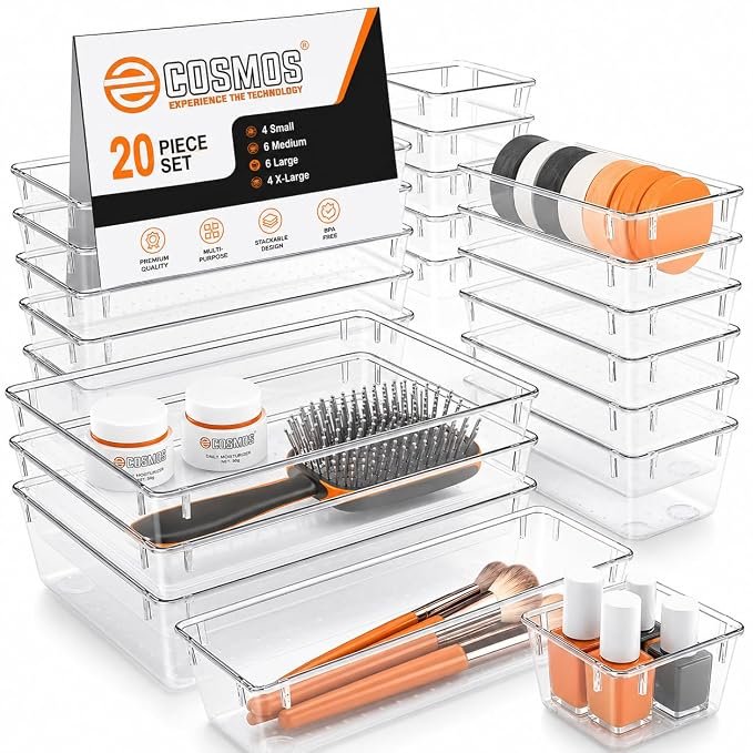E COSMOS® 20 Pack Transparent Drawer Organizers, Durable Polypropylene Storage Boxes, Multi Purpose Divider Trays for Dressing Table, Vanity, Kitchen, and Office