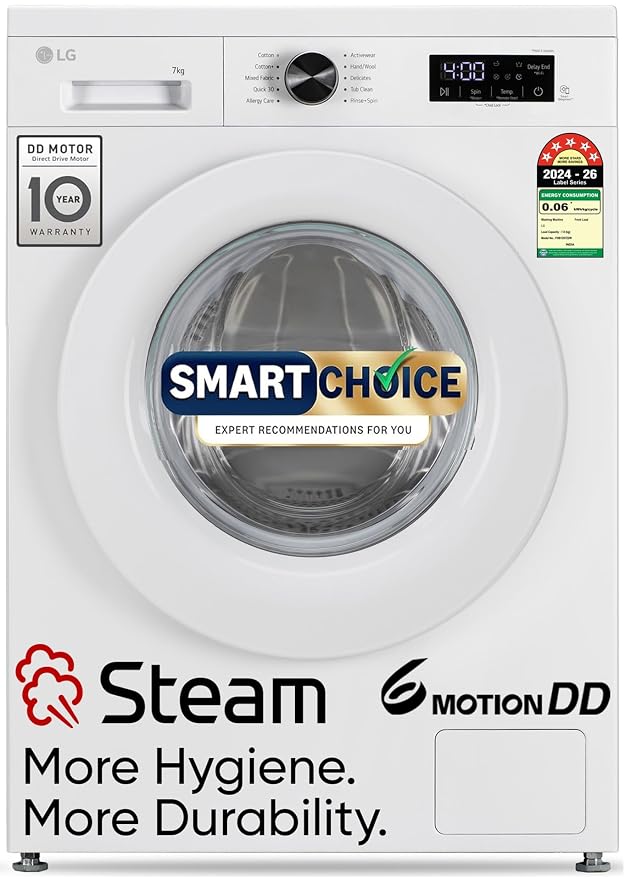 LG Smart Choice, 7 Kg, 5 Star, Steam, Inverter, Fully Automatic Front Load Washing Machine (FHB1207Z2W Essence White)
