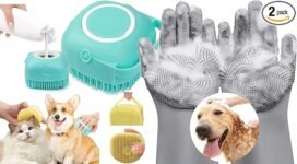 Deriz 1 pair of silicon dog bathing hand gloves + Shampoo Brush, Soft Shampoo Dispenser Multi